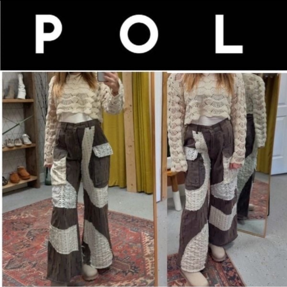 POL BROWN DISTRESSED CROCHET PATCHWORK WIDE LEG JEANS IN SIZE MEDIUM BRAND NEW - Picture 3 of 13